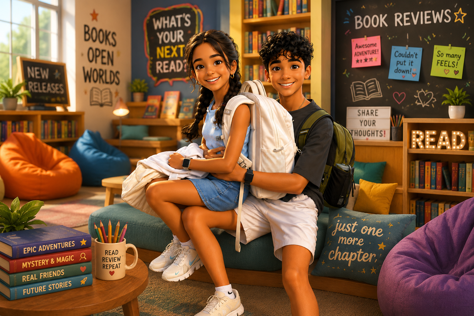 Jae and Zara reading and reviewing books together in a cozy library
